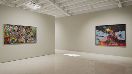 Exhibition view: Created in HWVR, Arshile Gorky & Jack Whitten, picturing Jack Whitten, Garden in Bessemer VI (1968) and NY Battle Ground (1967). © (2019) The Arshile Gorky Foundation / Artists Rights Society (ARS) / © Jack Whitten Estate. Courtesy the estates and Hauser & Wirth.