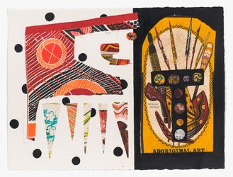 Tony Albert, Abstract: Aboriginal Art VI (2020). Acrylic and vintage appropriated fabric on Arches paper. 57 x 76 cm. Courtesy the artist and Sullivan+Strumpf.Image from:Tony Albert's Reverse Ethnography of AboriginaliaRead InsightFollow ArtistEnquire