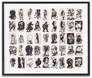 William Kentridge, Pocket Drawings 187-241 (2016). 3 run lithographic print on 63 panels, mounted on cotton fabric. Edition of 25 + 3AP. 80.3 x 98.1 cm; 94.6 x 112.4 x 7 cm (incl. frame). Courtesy Marian Goodman Gallery.