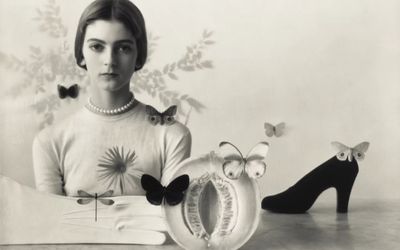 Irving Penn, Girl with Fruit, Shoe, and Butterflies, New York (1946). Gelatin silver print mounted to board. 7 × 9 1/2 inches. © Condé Nast. Courtesy Pace Gallery. 