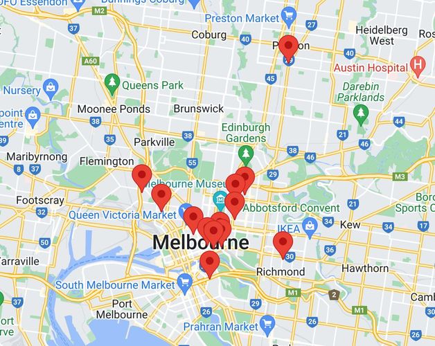 Map of galleres in Melbourne