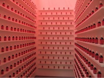 Shilpa Gupta, Blame (2002–2004). Interactive installation with Blame bottles, simulated blood, posters, stickers, video, interactive performance. 1 min 49 sec, loop. 300 x 130 x 340 cm. Courtesy the artist.Image from:Shilpa Gupta's Dialogue of SlownessRead ConversationFollow ArtistEnquire