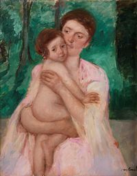 Femme en robe rose et enfant dans un jardin by Mary Cassatt contemporary artwork painting, works on paper