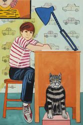 Joan Brown, _Noel at His Desk with Mickey the Cat_ (1972). Enamel on Masonite. 183 x 122 cm. Courtesy Matthew Marks Gallery, Los Angeles.Image from:Joan Brown Painted What She KnewRead Advisory PickFollow ArtistEnquire