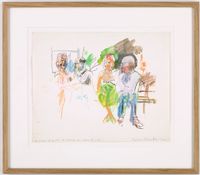 Bronze figures of women on a bench, LA by Peter Blake contemporary artwork drawing
