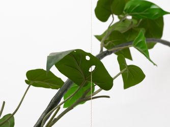 Tania Pérez Córdova, Philodendron Hederaceum (30% chance of rain) (2022) (detail). Iron, epoxy clay, plastic, acrylic, gold plated brass chain, patterns of leaf damage. 191 x 34 x 96 cm. Courtesy the artist and Tina Kim Gallery. Photo: Charles Roussel.