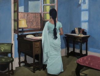 Atul Dodiya, Renu in Dr. Banerjee's study, 2023.Oil on canvas, 152.5 × 198 cm.