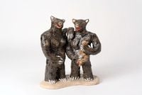 The Camataru Brothers, Romania’s most famous loan - sharks, with their monkey they vaccinated so they could bring it to the mall by Ioana Maria Sisea contemporary artwork sculpture, ceramics