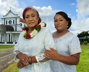 Yuki Kihara, Two Fa'afafine going to church (After Gauguin) (2020). Hahnemühle fine art paper mounted on aluminium. 73.7 x 92.1 cm. © Yuki Kihara. Courtesy the artist and Milford Galleries, Aotearoa, New Zealand.Image from:Yuki Kihara's Paradise CampRead ConversationFollow ArtistEnquire