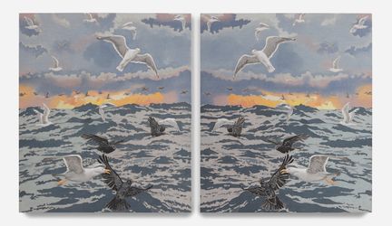 Adam De Boer, Twin Tempests, (2021), diptych. Acrylic paint staining and oil paint on linen. 117 x 217 cm. Courtesy Gajah Gallery. 