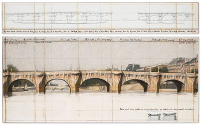 Christo, The Point Neuf, Wrapped (project for Paris) (1983). Pencil, pastel, charcoal, wax crayon, aerial photograph, and architectural drawings on paper. 38 x 244 cm; 106 x 244 cm. Courtesy Mimmo Scognamiglio Artecontemporanea, Milan.