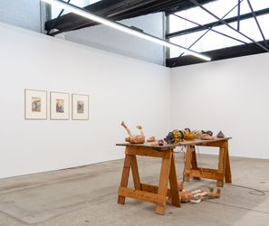 Exhibition view: Lewis Fidock & Joshua Petherick and Roland Topor, Exposable mines and the impious canto, 1301SW, Melbourne (4 May–8 June 2024). Courtesy 1301SW. Roland Topor appears courtesy of the Estate of Roland Topor and Galerie Anne Barrault, Paris.