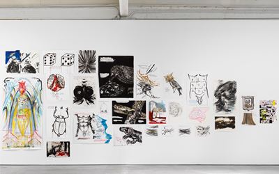 Exhibition view: Raymond Pettibon, TH' EXPLOSIYV SHOYRT T, David Zwirner, 19th Street, New York (29 April–24 June 2017). Courtesy David Zwirner, New York.