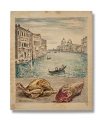 View of Venice with Chicken and Tongue by Giorgio de Chirico contemporary artwork painting, works on paper