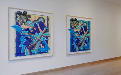 Exhibition view: Frank Stella, Illustrations after El Lissitzky’s Had Gadya: The Unique Colour Variants, Waddington Custot, London (13 November–19 December 2014). Courtesy Waddington Custot, London. 