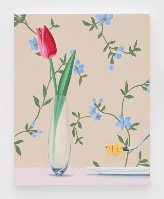 Tulip in vase with pasta on fork by Alec Egan contemporary artwork