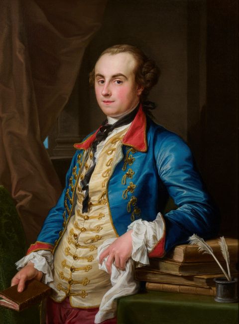 Portrait of Edward Solly, half length, in a blue coat and cream waistcoat, standing beside a table by Pompeo Batoni contemporary artwork