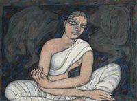 Woman Sitting (in White) by Jogen Chowdhury contemporary artwork mixed media