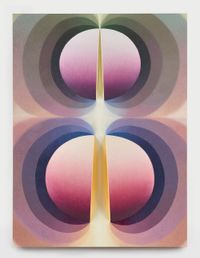 Split orbs in purple, mauve, and green by Loie Hollowell contemporary artwork painting, works on paper