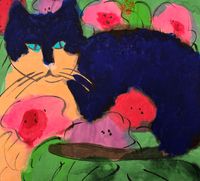 Cat with Flowers 2 by Walasse Ting contemporary artwork painting, works on paper