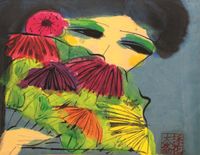 Girl with a Floral Fan by Walasse Ting contemporary artwork painting, works on paper, drawing