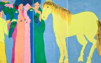 Four Oriental Beauties with a Yellow Horse and Two Parrots by Walasse Ting contemporary artwork painting, works on paper