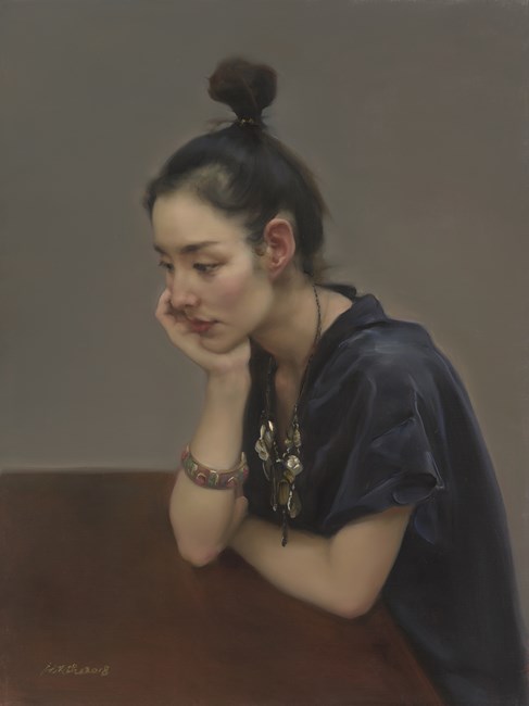 Miss M with her hair up in a bun by Pang Maokun contemporary artwork