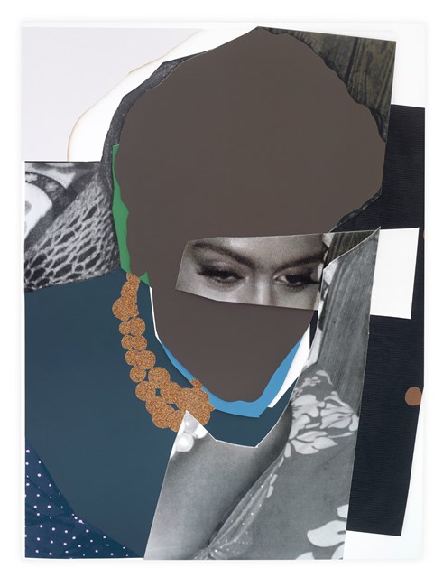 Clarivel with Blue Shoulder and Gold Glitter Pearls on Paper by Mickalene Thomas contemporary artwork
