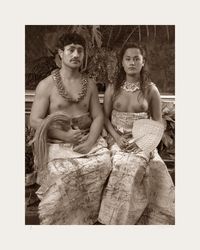 Yuki Kihara, Ulugali'i Samoa – Samoan Couple (2005). Pigment print on paper. Edition 11 of 25. 6.4 x 4.8 cm. Courtesy the artist and Milford Galleries, Aotearoa New Zealand.Image from:Yuki Kihara's Paradise CampRead ConversationFollow ArtistEnquire