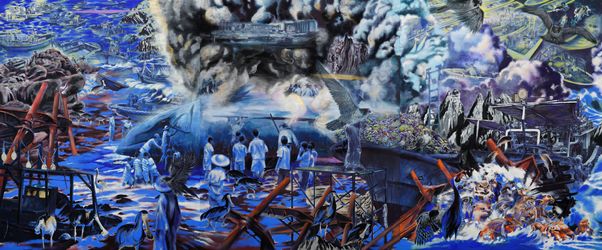 Naomi Pasi, lost village on the sea (2022). Pigment on canvas, 3 pieces, 227 x 564 cm. Courtesy SongEun Art and Cultural Foundation.