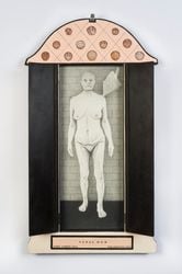 Feral Nun (closed view), 2013. Oil on wood, shells and found  objects, 39 x 19 in. Courtesy of Robert and Frances Coulborn Kohler collection. 