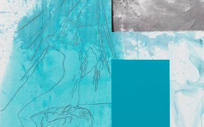 Julião Sarmento,  Mujer desnuda con espejo (Miami Blue) (2020) (detail). Acrylic 'Gesso', graphite, water-based marker,silkscreen print and water-based enamel on linen canvas. 165 x 141 cm. Courtesy the artist and Pilar Corrias, London.