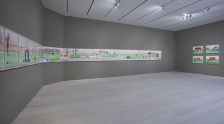 Exhibition view: David Hockney, La Grande Cour, Normandy, Pace Gallery, New York (14 September–19 October 2019). Courtesy Pace Gallery.