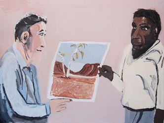 Vincent Namatjira, Rex Batterbee and Albert Namatjira, (2017). Acrylic on canvas, 91 x 122cm. Courtesy THIS IS NO FANTASY + dianne tanzer gallery.