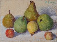 Nature morte aux cinq poires et aux deux pommes by Achille Laugé contemporary artwork painting, works on paper