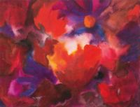 Große rote Komposition (orangene und violette Blüten) by Herbert Beck contemporary artwork painting, works on paper