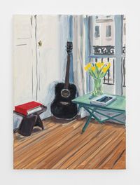 Black guitar and yellow tulips by Jean-Philippe Delhomme contemporary artwork painting