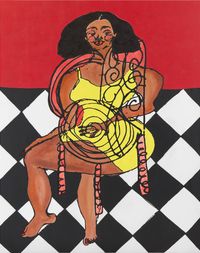 Leisure Woman in Dress in Room with Checkered Floor by Tschabalala Self contemporary artwork painting, works on paper, drawing
