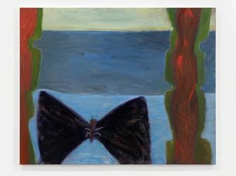 Rosalind Nashashibi, Heavy Moth (2022). Oil on linen. 120 x 150 cm.  Courtesy the artist and GRIMM, Amsterdam/New York/London.Image from:Rosalind Nashashibi Goes Through the Legs and Between the Shutters at Nottingham ContemporaryRead Advisory PerspectiveFollow ArtistEnquire