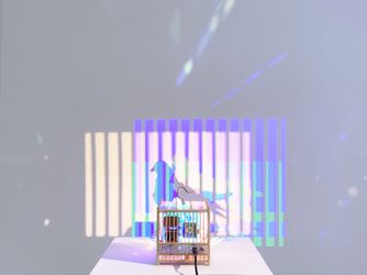 Angela Yuen, Free like an Urban Dove (2022). Bamboo, sequins, resin, perspex, and LED lights. 14 x 34 x 19.5 cm. Exhibition view: Group Exhibition, 1.5: 15 Years of Eli Klein Gallery, Eli Klein Gallery, New York (28 September–17 December 2022). © Angela Yuen. Courtesy the artist and Eli Klein Gallery.