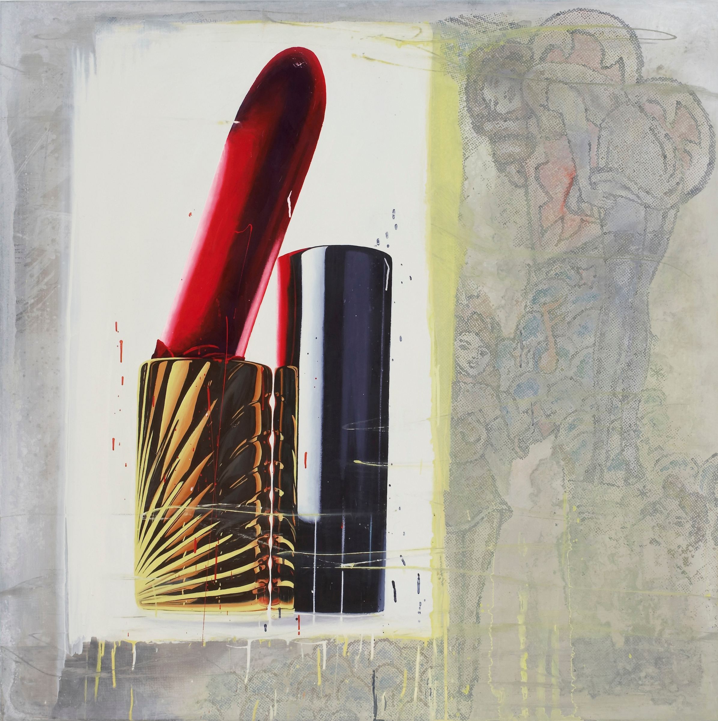 An enamel on metal artwork of a broken red lipstick and its tube by Marilyn Minter entitled Rouge Baiser dated 1994.