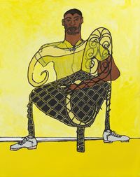 Leisure Man in Yellow Collared Shirt in Yellow Room by Tschabalala Self contemporary artwork painting, works on paper, drawing