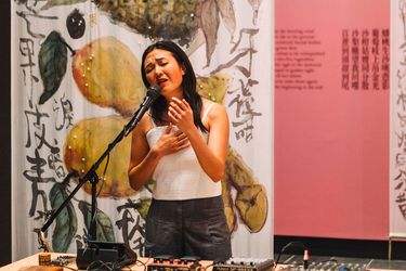 Chun Yin Rainbow Chan 陳雋然 with Fruit Song (2022). Live musical performance at the opening of Assembly, CIW Gallery, Canberra (15 February 2024). Photo: Tim Ngo.Image from:In Australia, Hong Kong-Born Artists Tell Stories of Longing and LamentRead InsightFollow ArtistEnquire
