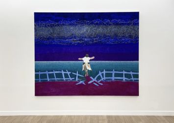 Tess Dumon, Les Immortelles (Purple Haze) (2022). Gouache on linen. 250 x 200 cm. Exhibition view: Tess Dumon, Les Mondes Flottants, Dumonteil Contemporary, Paris (1 July–30 September 2022). Courtesy Dumonteil Contemporary.