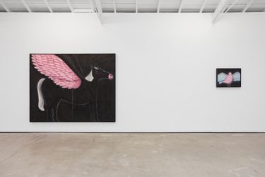 Exhibition view: Andrew Sim, a sunflower, six trees, three birds and two horses (one with wings), The Modern Institute, Osborne Street, Glasgow (30 March–20 May 2023). Courtesy the artist and The Modern Institute/Toby Webster Ltd, Glasgow. Photo: Patrick Jameson.