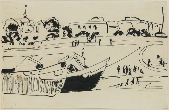 Elbkähne in Dresden ( Barges on the Elbe River in Dresden) by Ernst Ludwig Kirchner contemporary artwork