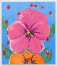 Pensée (Big Pink, Orange, on Blue with Cherries), 2020 by Ann Craven contemporary artwork painting, works on paper