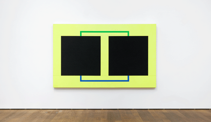Pater Halley, Two Cells with Circulating Conduit (1986). Acrylic, fluorescent acrylic, flashe, and Roll-a-Tex on two adjoined canvases. 162.6 x 264.2 cm. Courtesy Gary Tatintsian Gallery