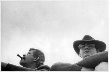  John Chamberlain and Larry Bell at the motorcycle races, Bridgehampton, NY, 1966. © Larry Bell. Photo: Barbara Brown.