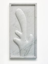 Claudia Comte, With Deaths of Forests, a Loss of Key Climate Protectors (2023). White Carrara marble. 96 x 48 x 5 cm. Courtesy Gladstone Gallery.